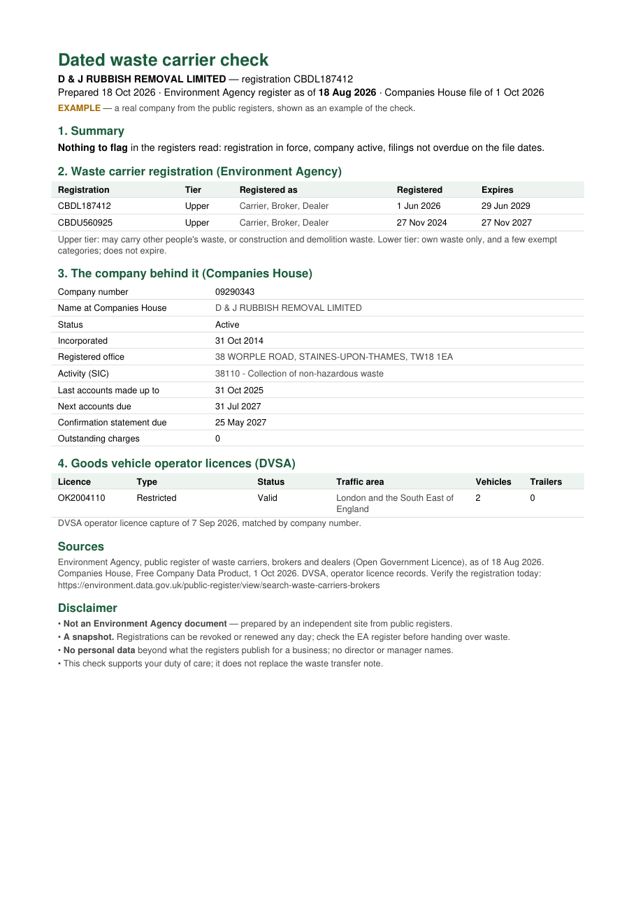 First page of an example waste carrier check
